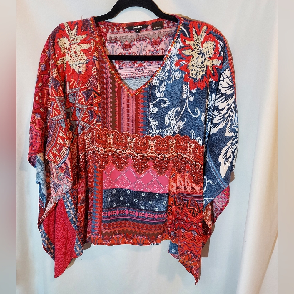 Desigual Boho Multicolor Floral Patchwork Poncho … - image 1